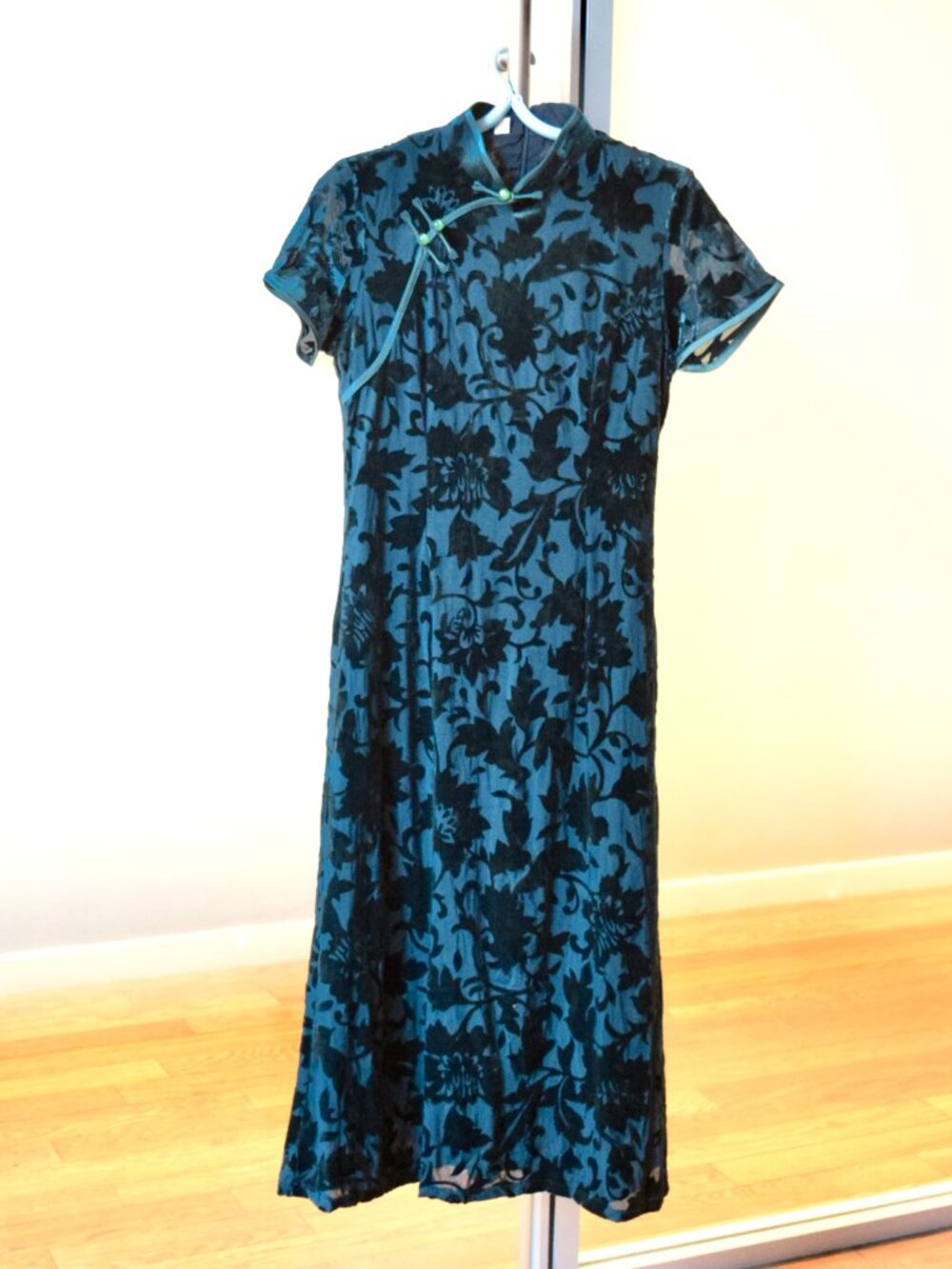 Dark Green Flocking Flora Aodai Qipao Dress - Chinese Cheongsam